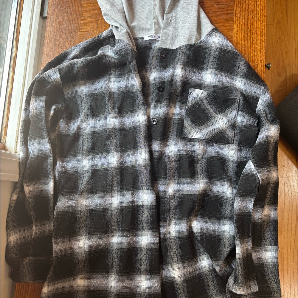 Amazon Black and Gray Plaid Hoodie Button Up Sweatshirt